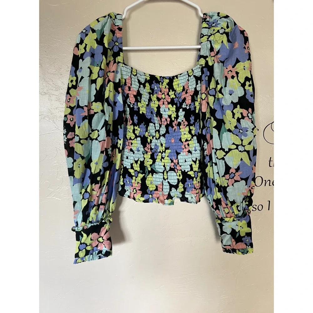 Free People Smocked Floral Puff Sleeve Top Black Motif Ariana Womens XS NEW